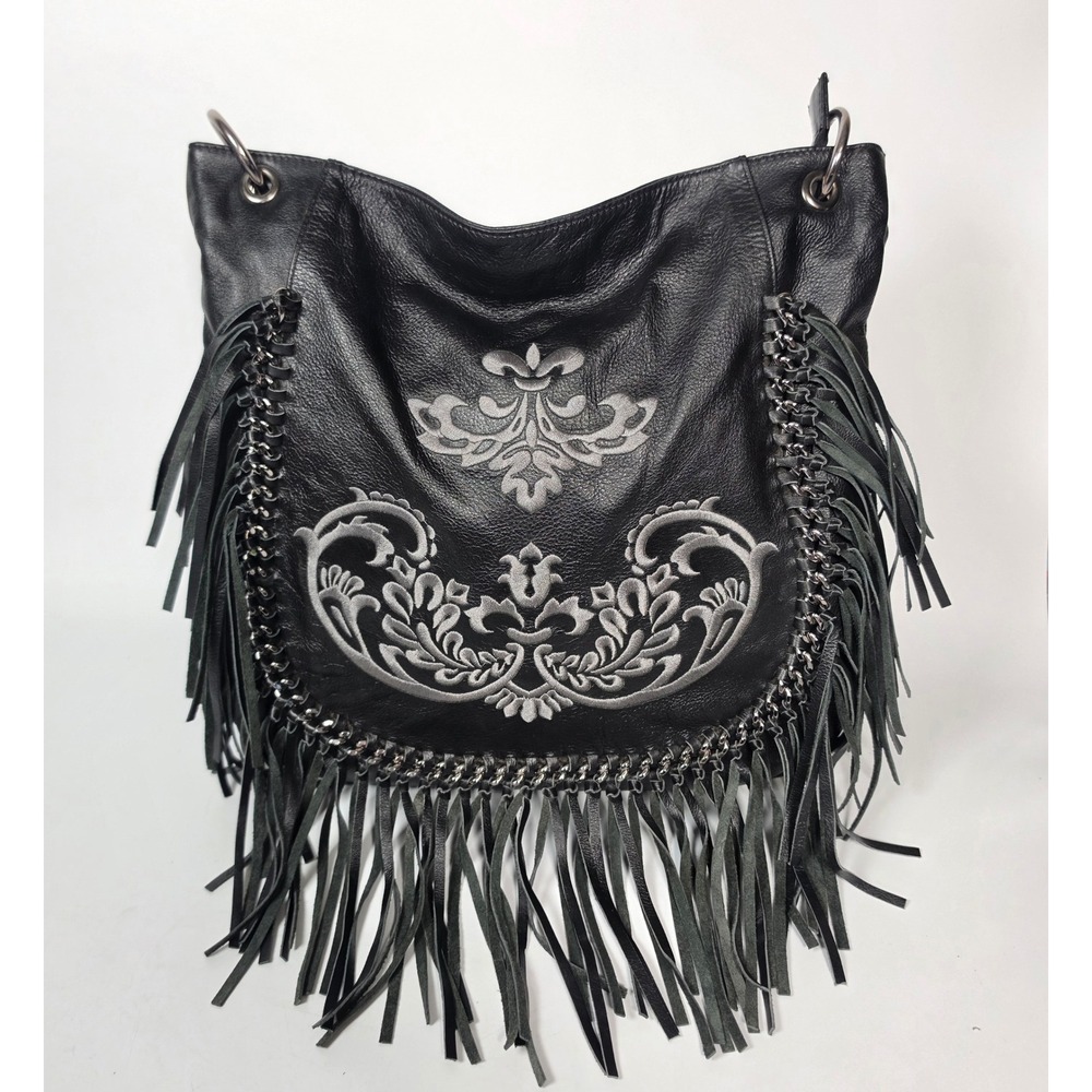Sharif Black Fringe Hobo Shoulder Bag Embroidered Western Cowgirl Chain